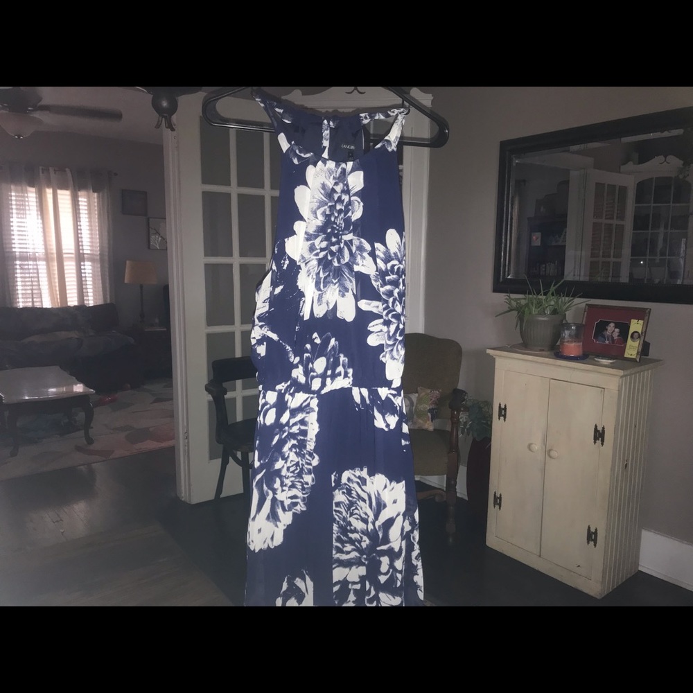 Lane Bryant navy blue & white maxi halter dress